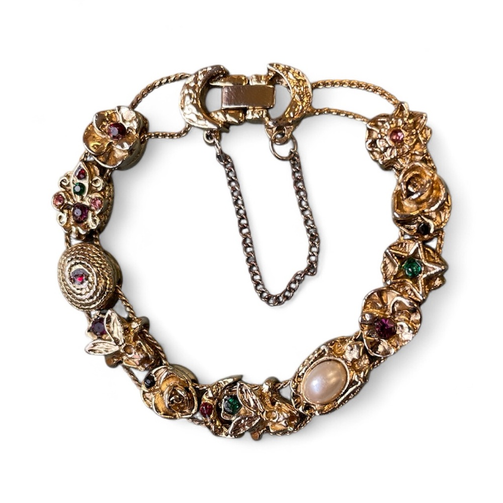 Elegant Vintage Slide Charm Bracelet Bees Moon Flowers Jewel Tones